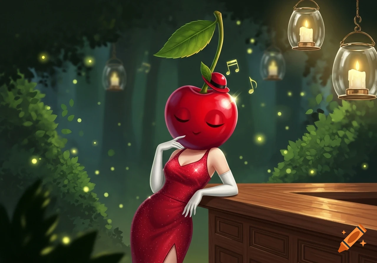 A whimsical cherry character in a sparkling red dress and white gloves leans on a bar in a magical glowing forest.