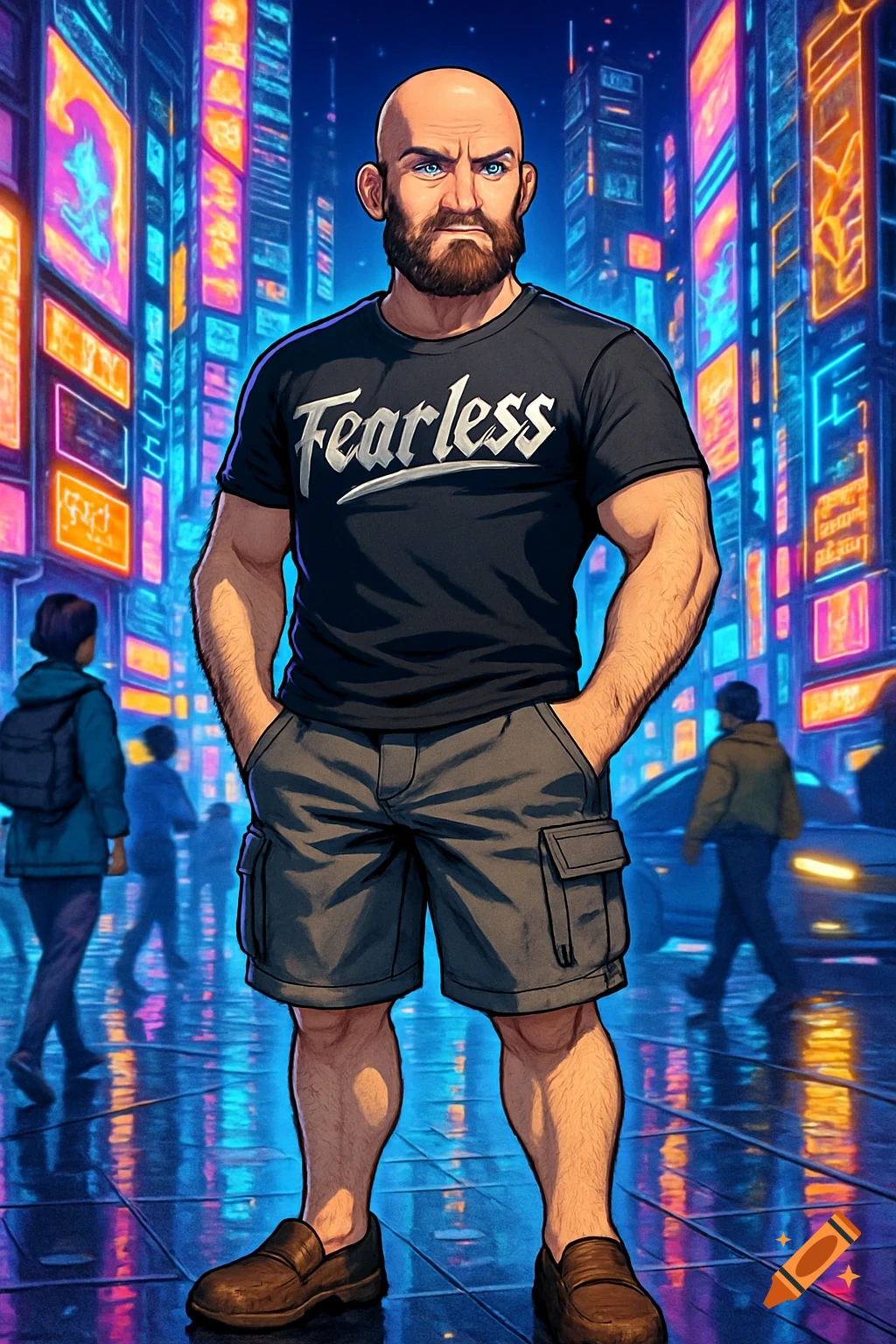 A bald, bearded man in a black 'Fearless' shirt, grey shorts, and brown loafers stands on a neon-lit cyberpunk city street at night, anime style.