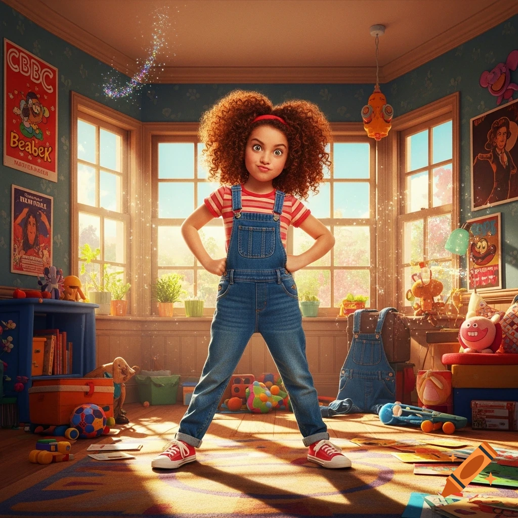 A confident, curly-haired girl in denim overalls and a striped shirt stands in a sunlit, toy-filled room.