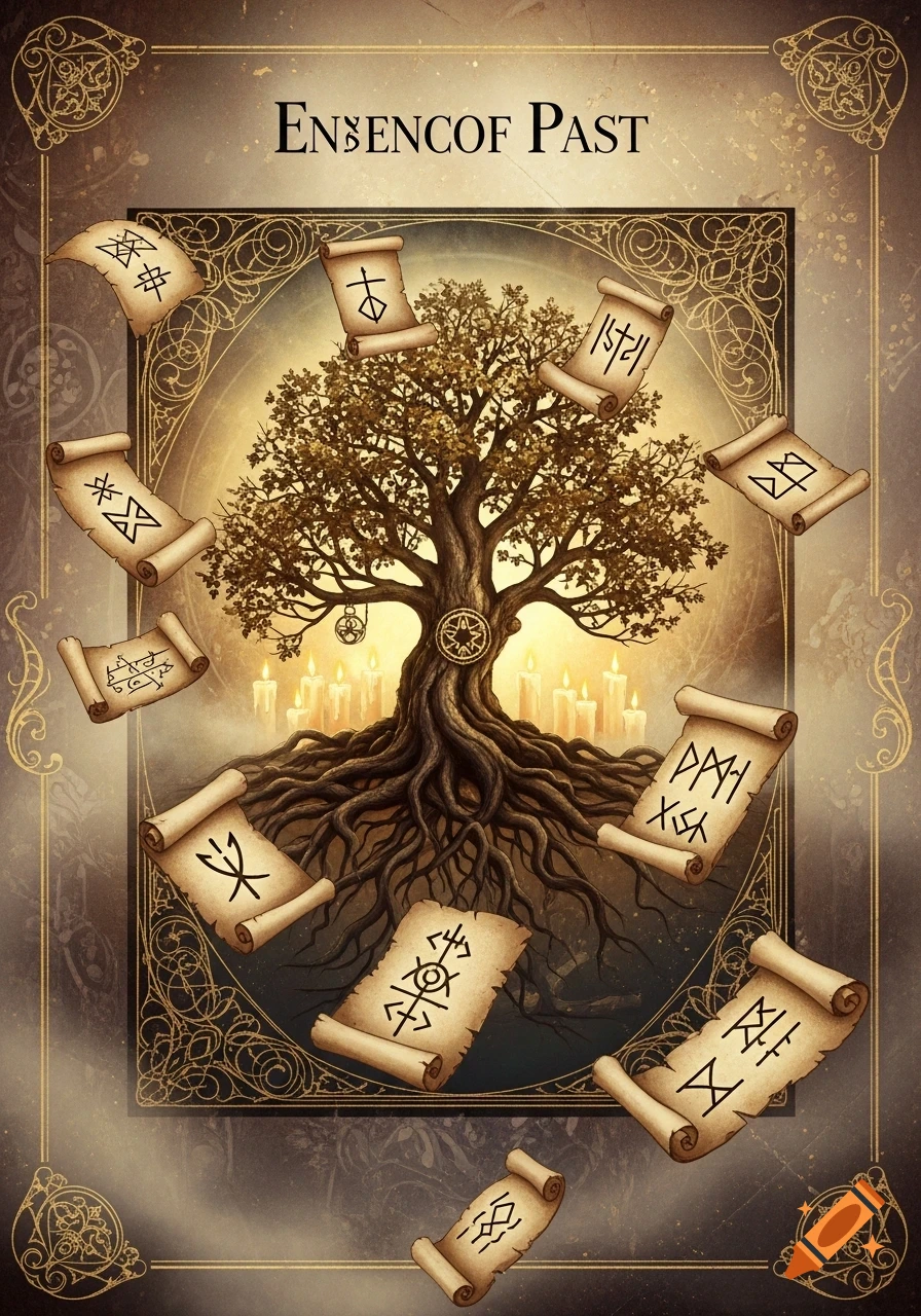 A mystical oracle card featuring a large, ancient tree with exposed roots and many floating scrolls with symbolic runes, all set against a background of glowing candles and ornate borders. The title reads, "ENBENCOF PAST."