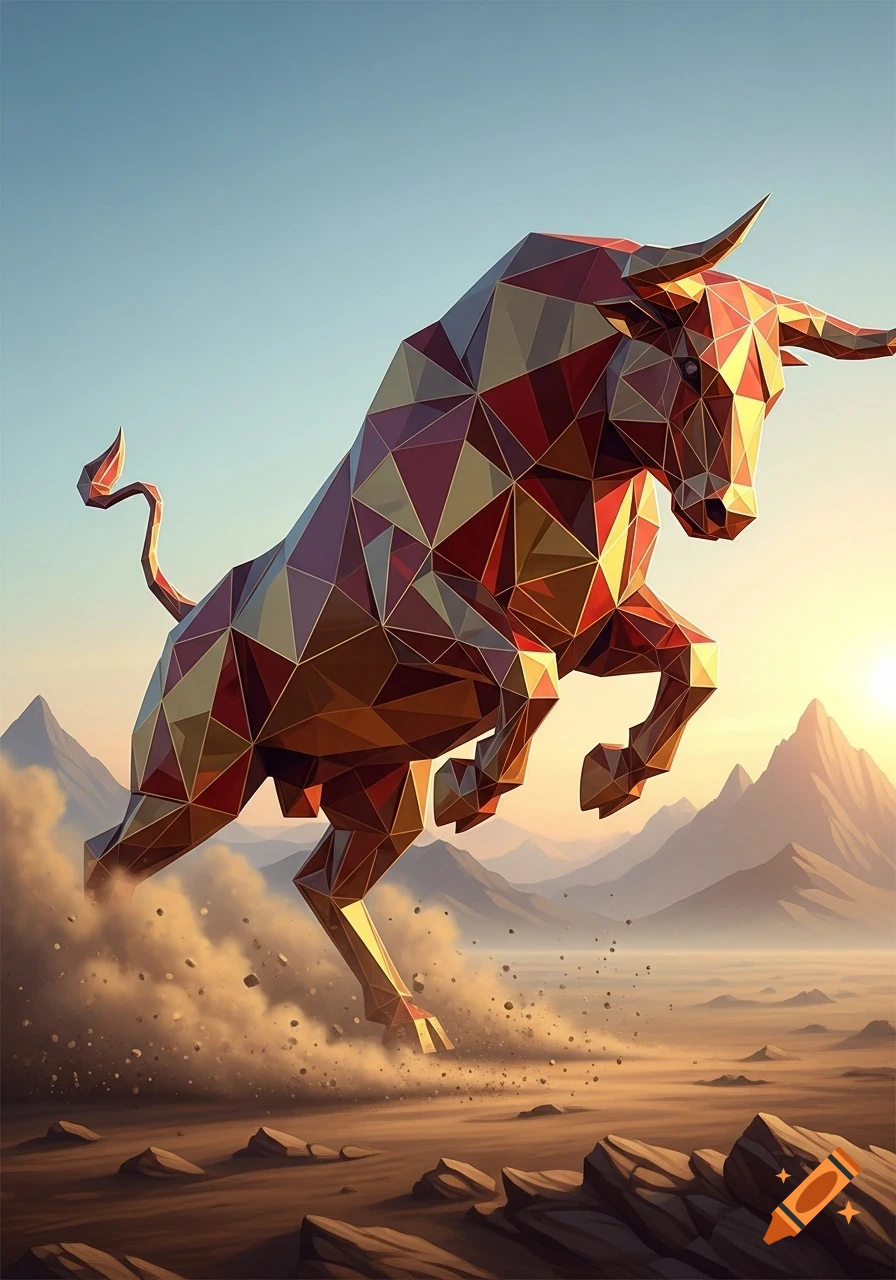 A vibrant polygonal bull, composed of red and gold facets, leaps through a desert landscape under a sunrise sky.