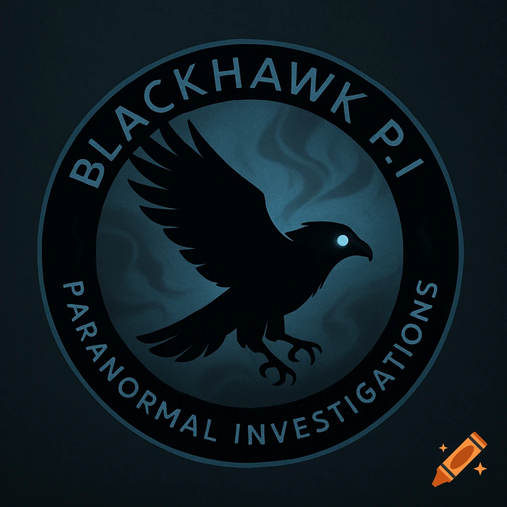 A circular logo featuring a black hawk silhouette with glowing blue eyes, against a smoky blue background. Text reads 'BLACKHAWK P.I. PARANORMAL INVESTIGATIONS'.