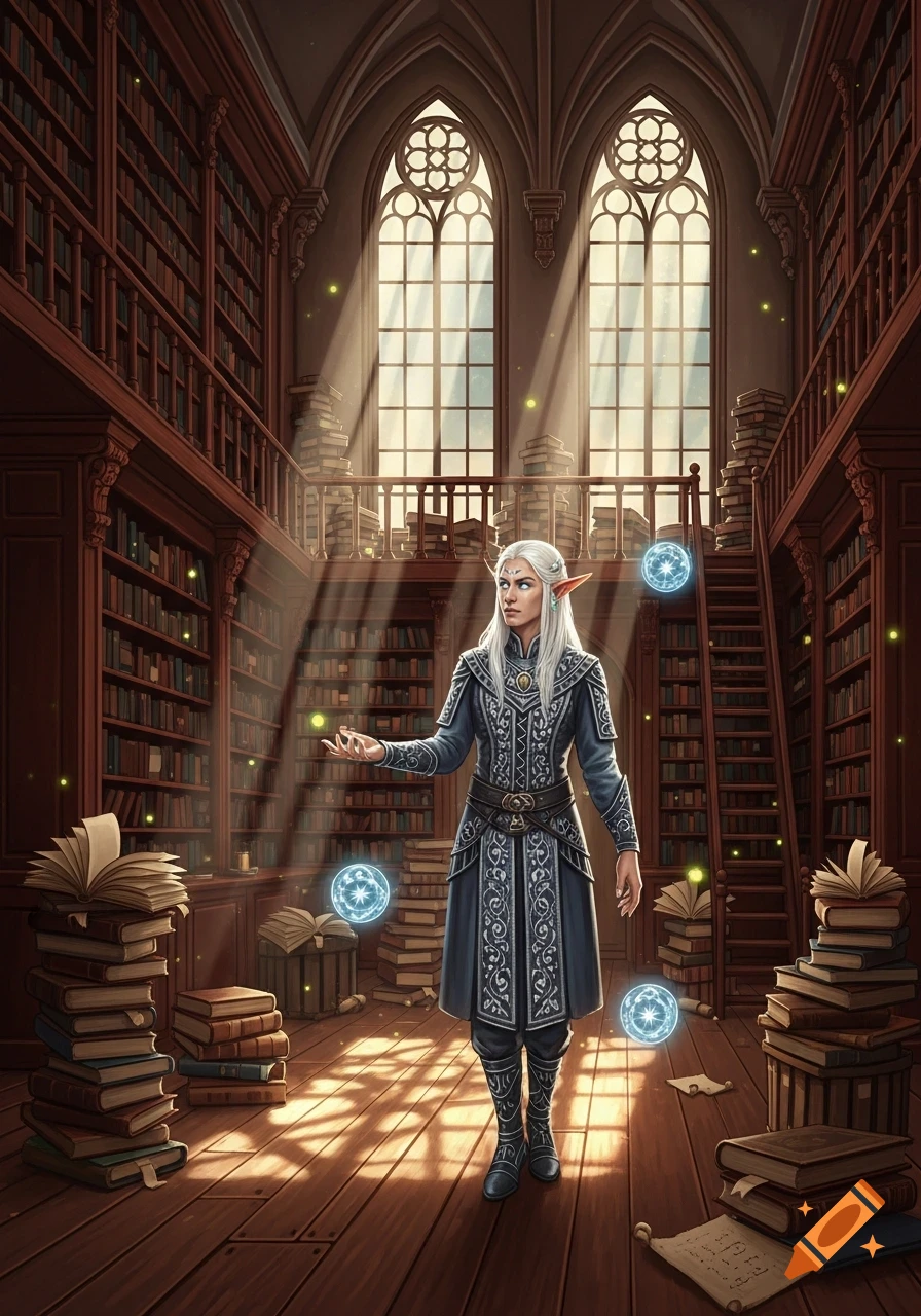 An elf with long white hair stands in a grand, ancient library, surrounded by stacks of books and glowing magical orbs, with sunbeams streaming through arched windows.