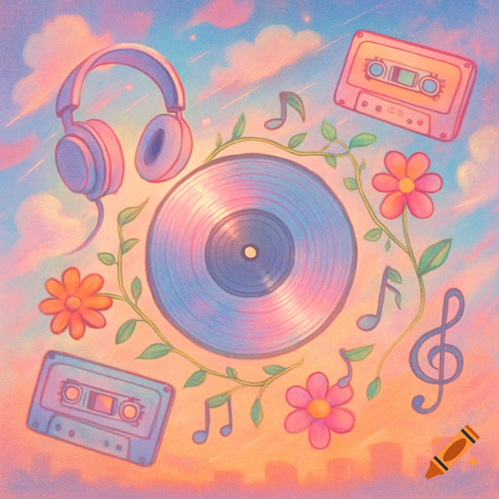 Pastel illustration of headphones, a vinyl record, cassette tapes, flowers, and music notes floating in a dreamy sky above a city.