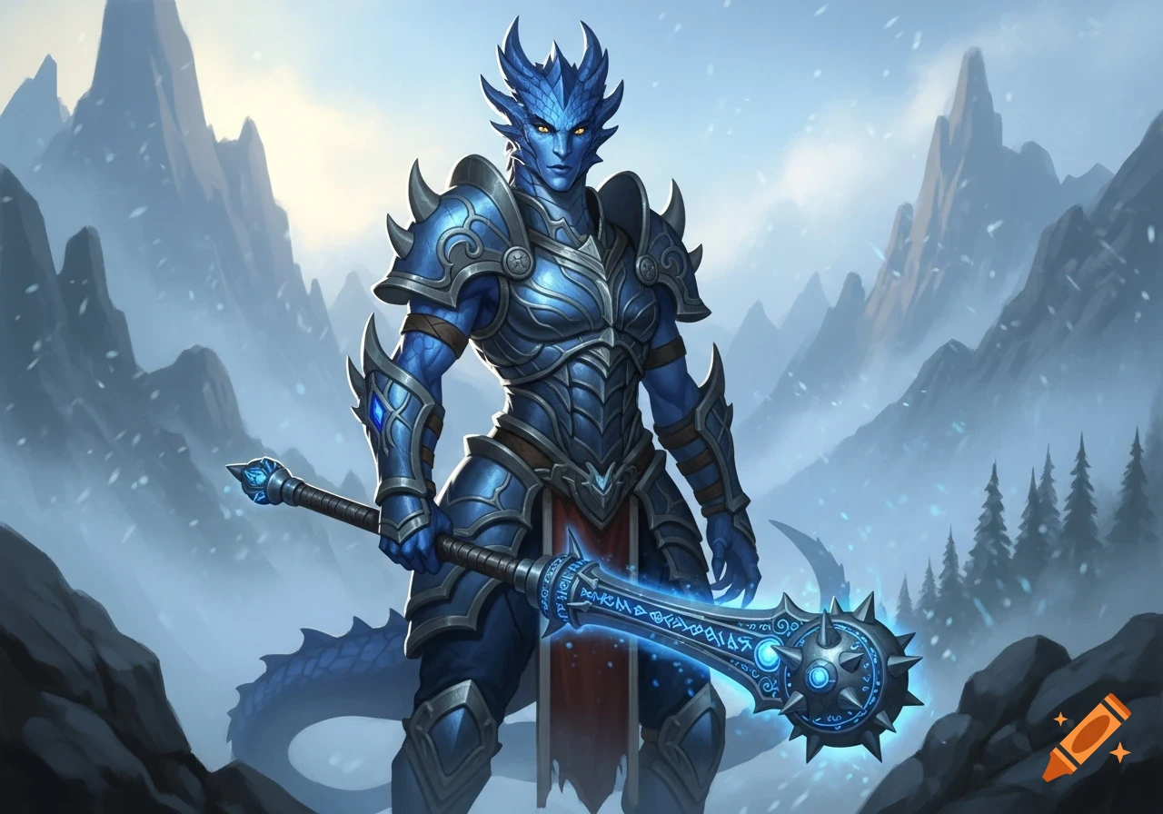 A blue dragonborn warrior in shining armor stands holding a glowing mace in a snowy mountain landscape.