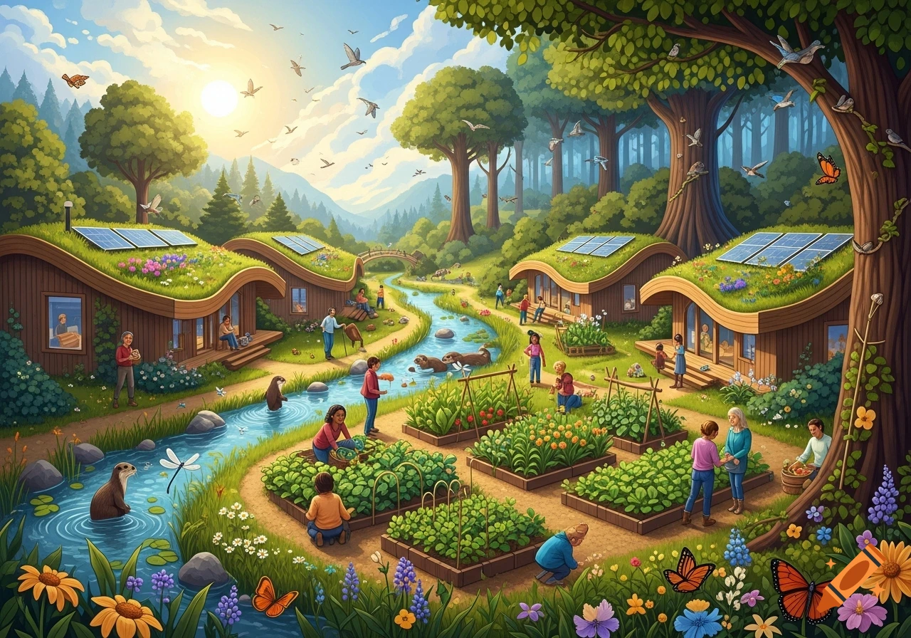 A colorful illustration of an idyllic, eco-friendly community in a lush valley with hobbit-style homes, gardens, people, and animals living harmoniously.