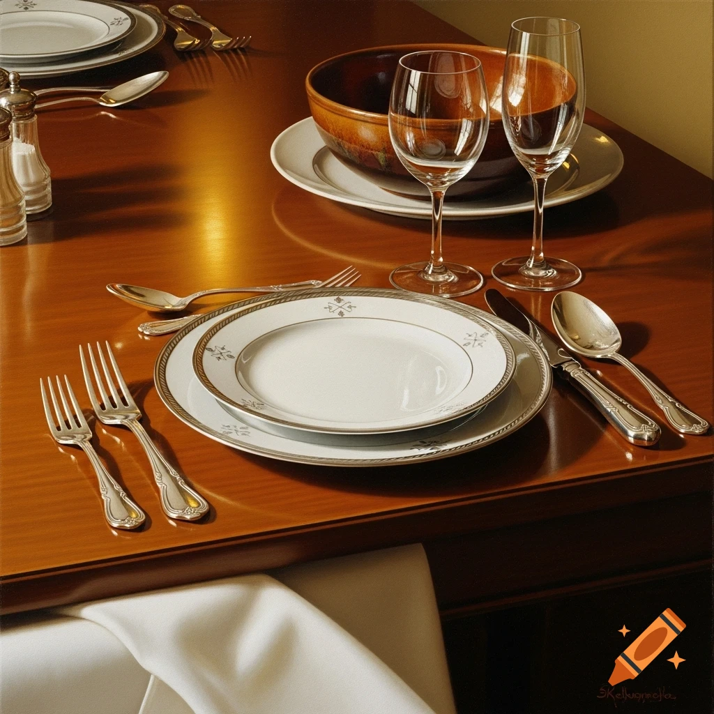 Photorealistic still life of a set dining table with white plates, silver cutlery, glasses, and a wooden bowl.