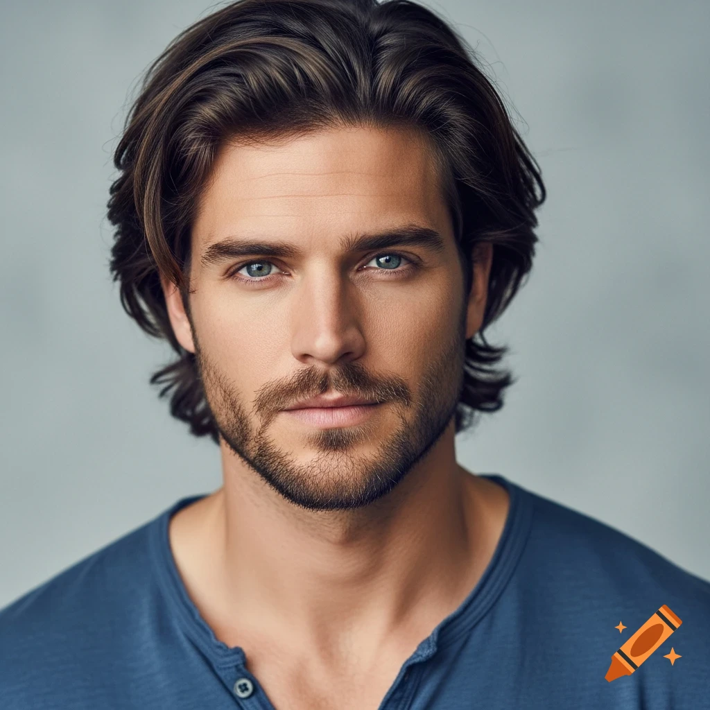 A close-up photorealistic portrait of a fair-skinned man with dark, wavy shoulder-length hair, blue eyes, and a light beard, wearing a blue henley shirt.