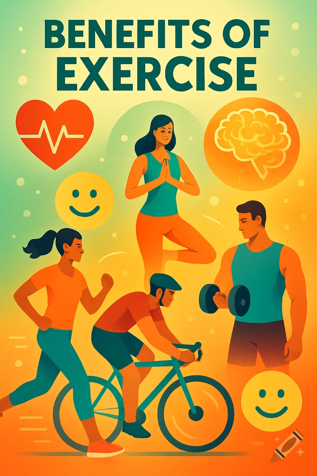 Vibrant illustrated poster on exercise benefits with people running, cycling, lifting, and doing yoga, plus heart, brain, and smile icons.
