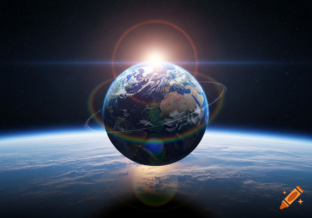 A vibrant view of Earth from space, illuminated by a bright sun, encircled by a rainbow halo and subtle rings.
