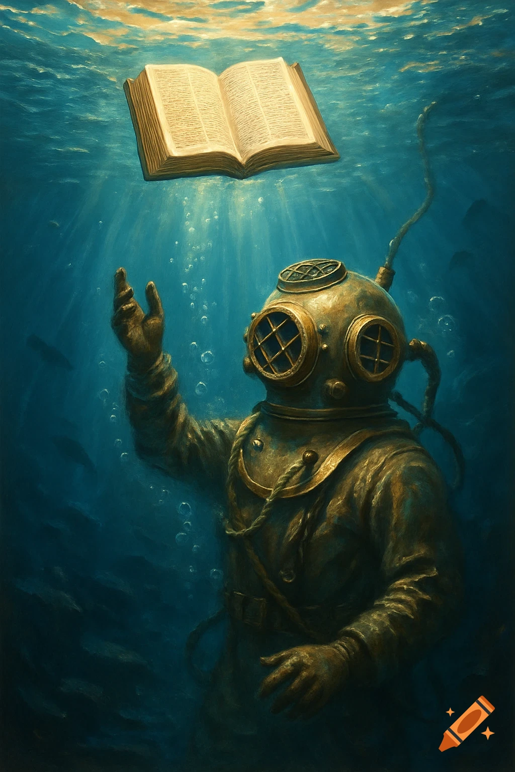 An old deep-sea diver in a brass helmet reaches for an open, glowing book floating in dark blue underwater.