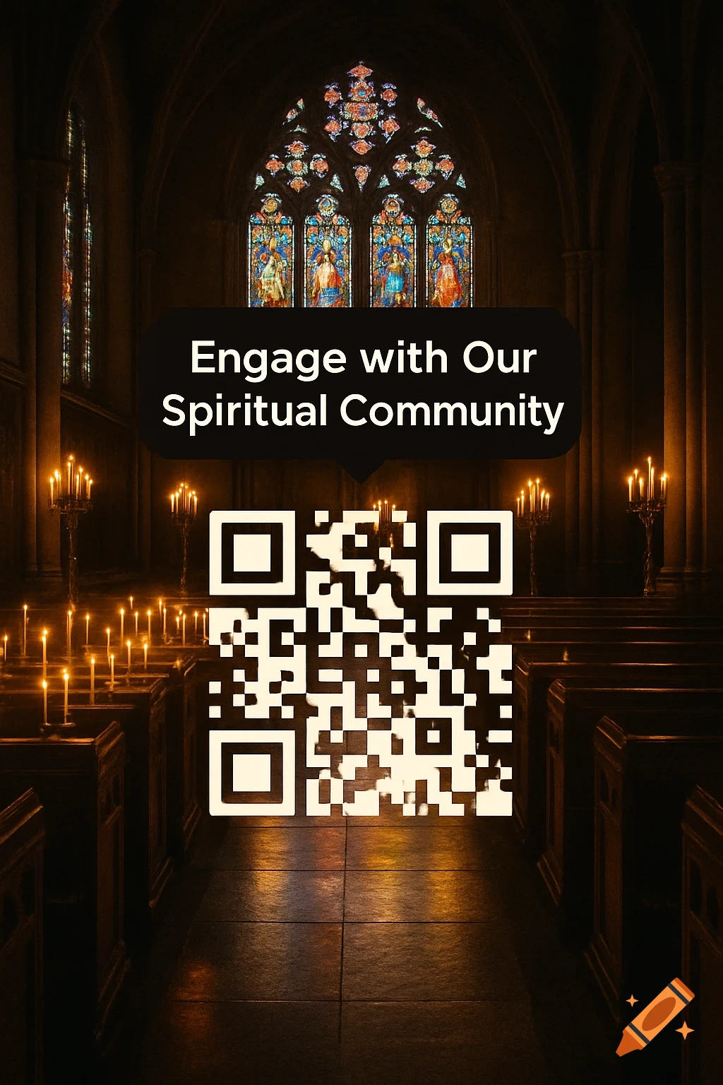 A dimly lit church interior with pews, candles, stained glass, and a text bubble with a QR code for a spiritual community.