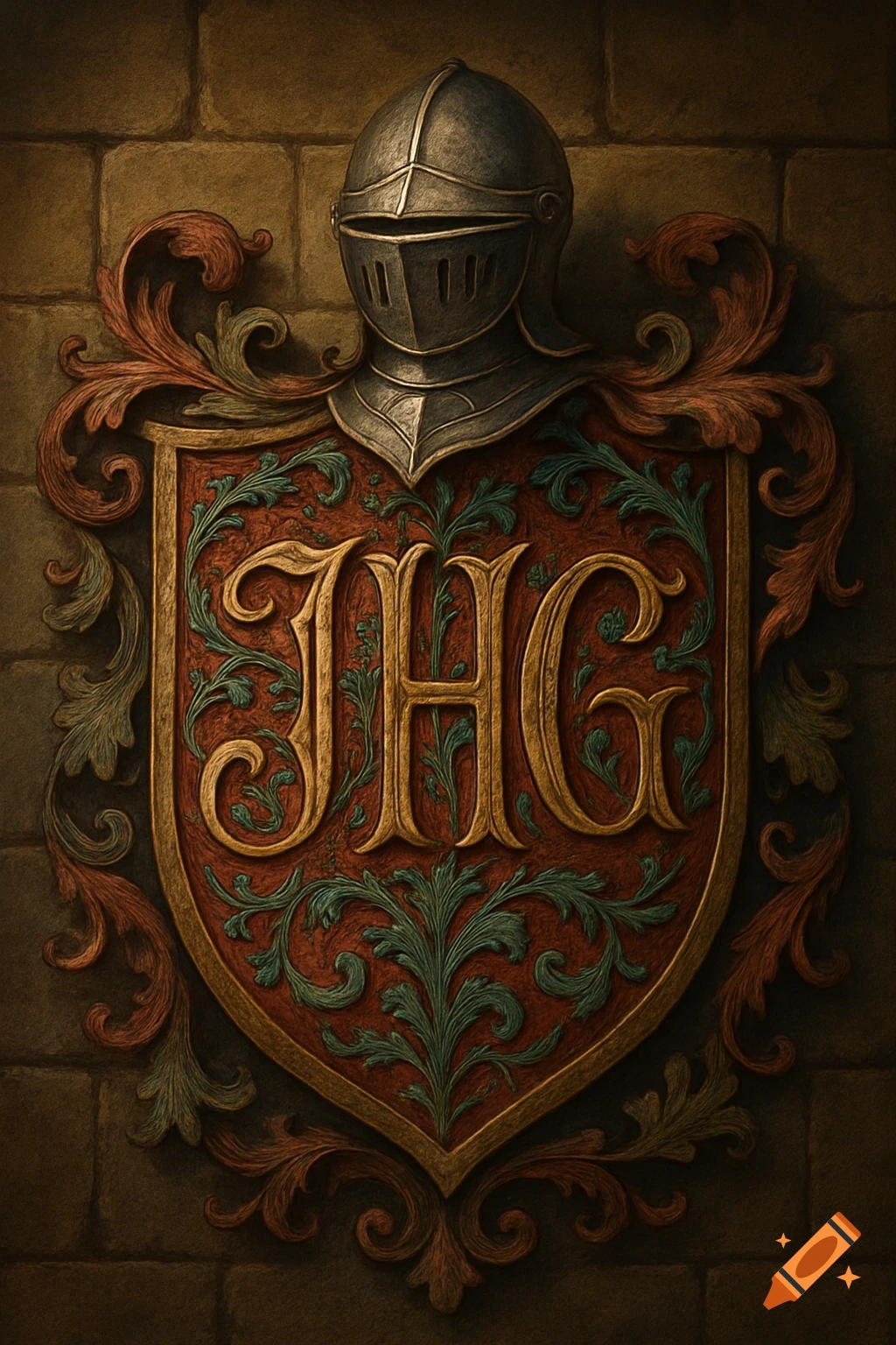 An ornate medieval coat of arms with a knight's helmet on top, featuring the letters JHG in gold on a red shield with green foliage.