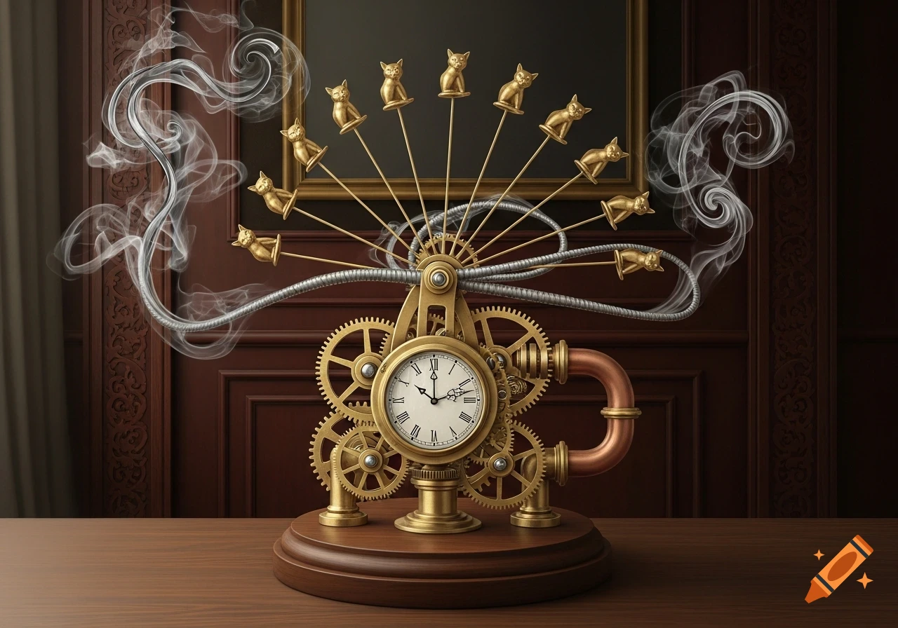A detailed steampunk clockwork machine with gears, brass, pipes, and golden cat figurines on radiating arms, emitting smoke, set on a wooden table.