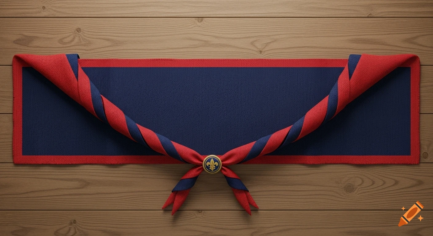A horizontal navy blue scout scarf with a red border, tied with a knot and a gold fleur-de-lis emblem, lies on a wooden surface.