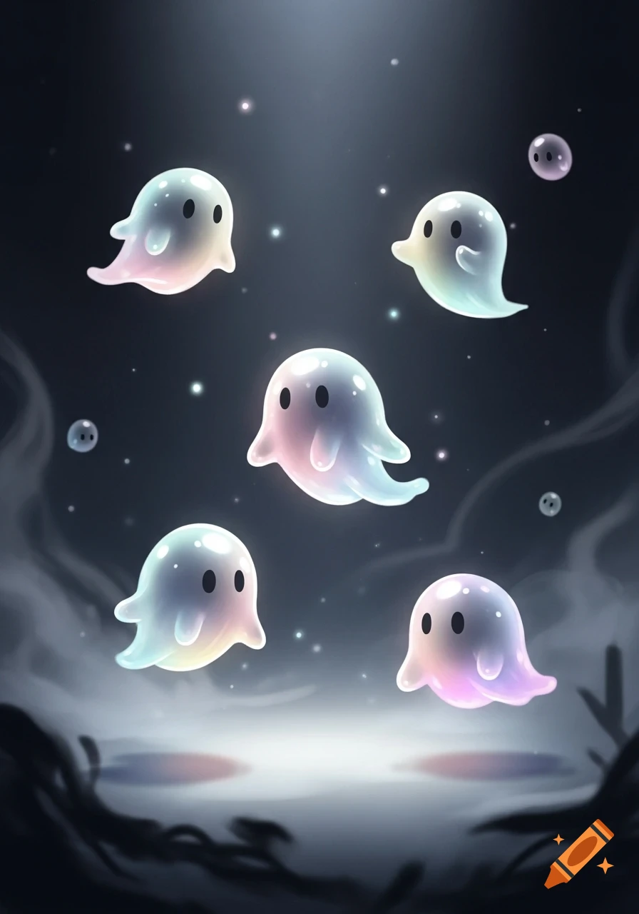 Five cute, pastel-colored, translucent jelly ghosts float above a misty ground in a dark, starry, ethereal sky.
