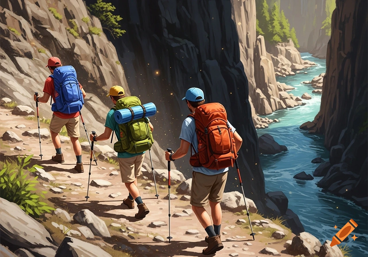 Three hikers walk uphill on a rocky path next to a river in a narrow canyon, carrying backpacks and using trekking poles.