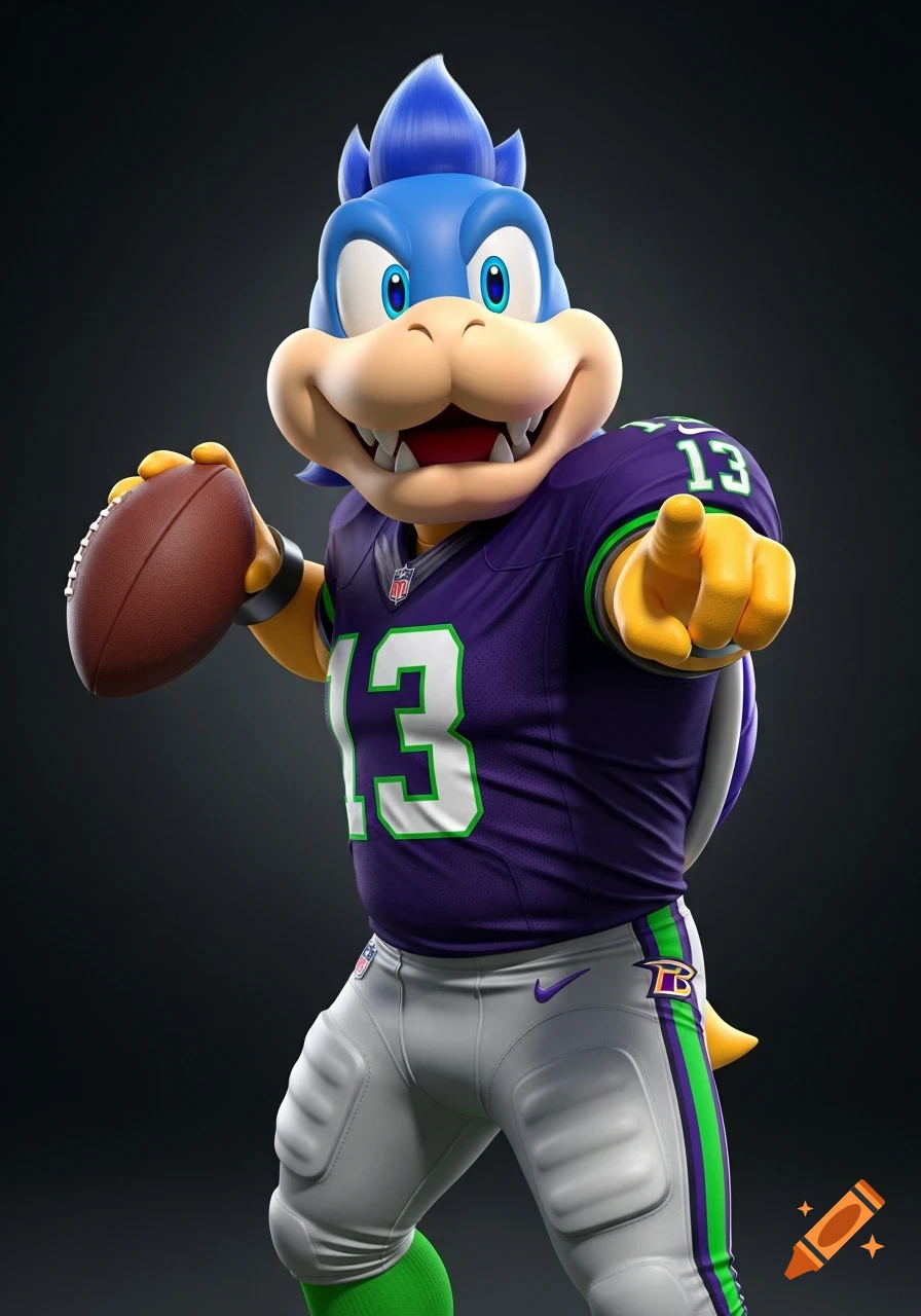 A digital illustration of Ludwig Koopa from Mario Bros. in a purple and green NFL football uniform, holding a football and pointing, on a dark background.