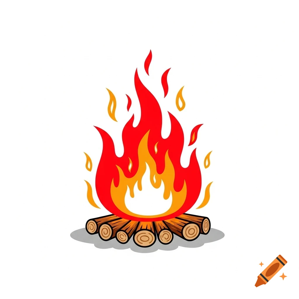 A stylized illustration of a red and orange campfire burning on a stack of logs with a white background.