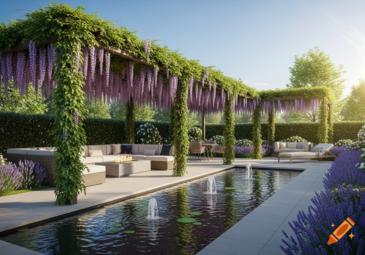 Photorealistic image of a luxurious outdoor patio with a wisteria pergola, a long pool with fountains, a fire pit, and lounge furniture.