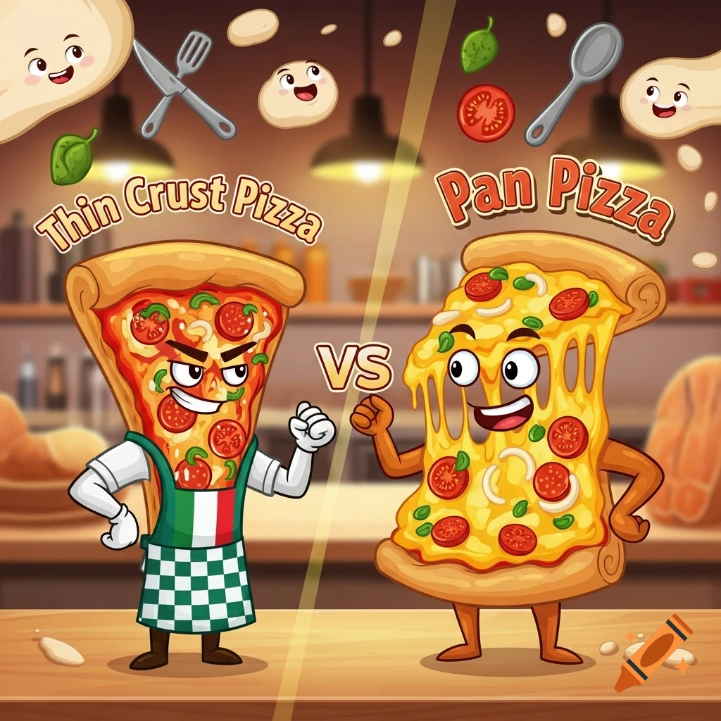 Cartoon slices of thin crust pizza and pan pizza characters facing each other on a counter under a divided screen.