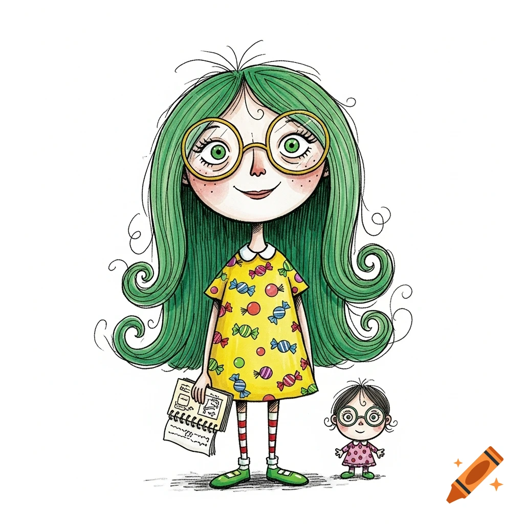 A cartoon girl with long green hair, big glasses, and a yellow candy-patterned dress holds a notebook, next to a tiny version of herself.