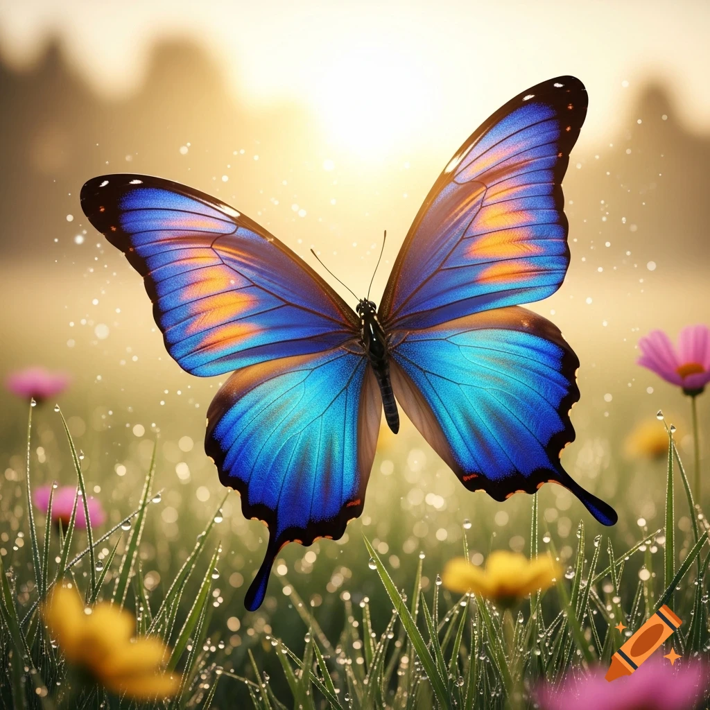 A vibrant blue and orange butterfly hovers above a dew-covered grassy field with colorful flowers, bathed in golden sunlight.