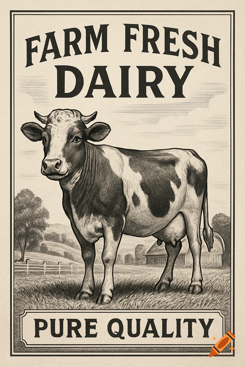 Vintage black and white engraving of a cow in a farm pasture, with 'Farm Fresh Dairy' and 'Pure Quality' text.