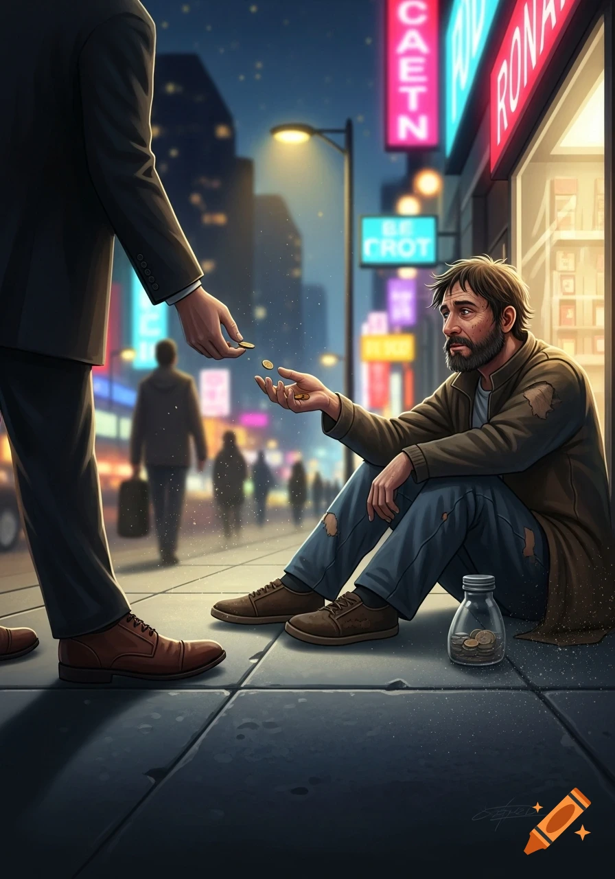 A man in a suit gives coins to a bearded homeless man sitting on a city sidewalk at night, amidst glowing neon signs.
