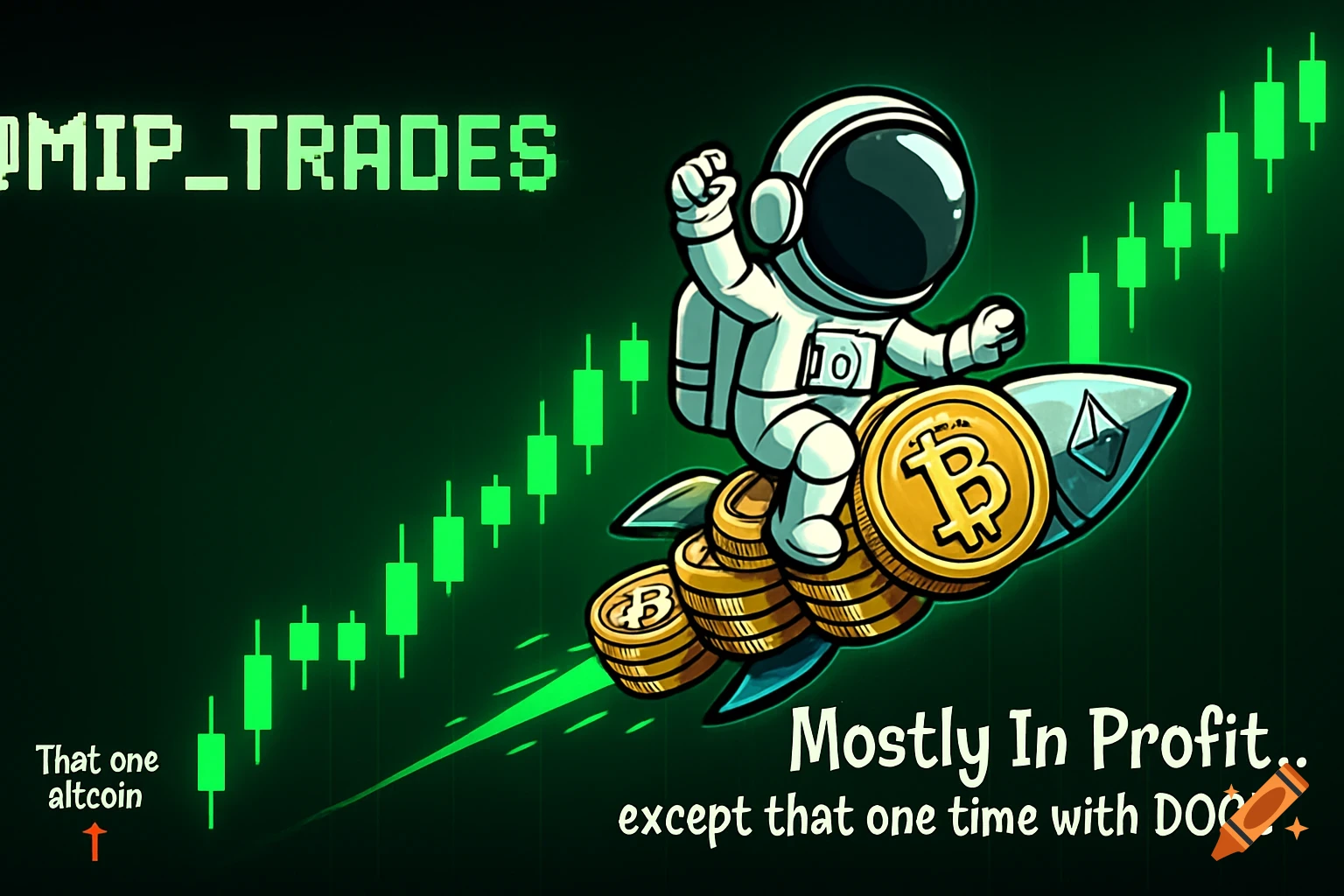 Cartoon astronaut on a rocket made of Bitcoin and Ethereum flying through a green crypto chart with text about profit and altcoins.