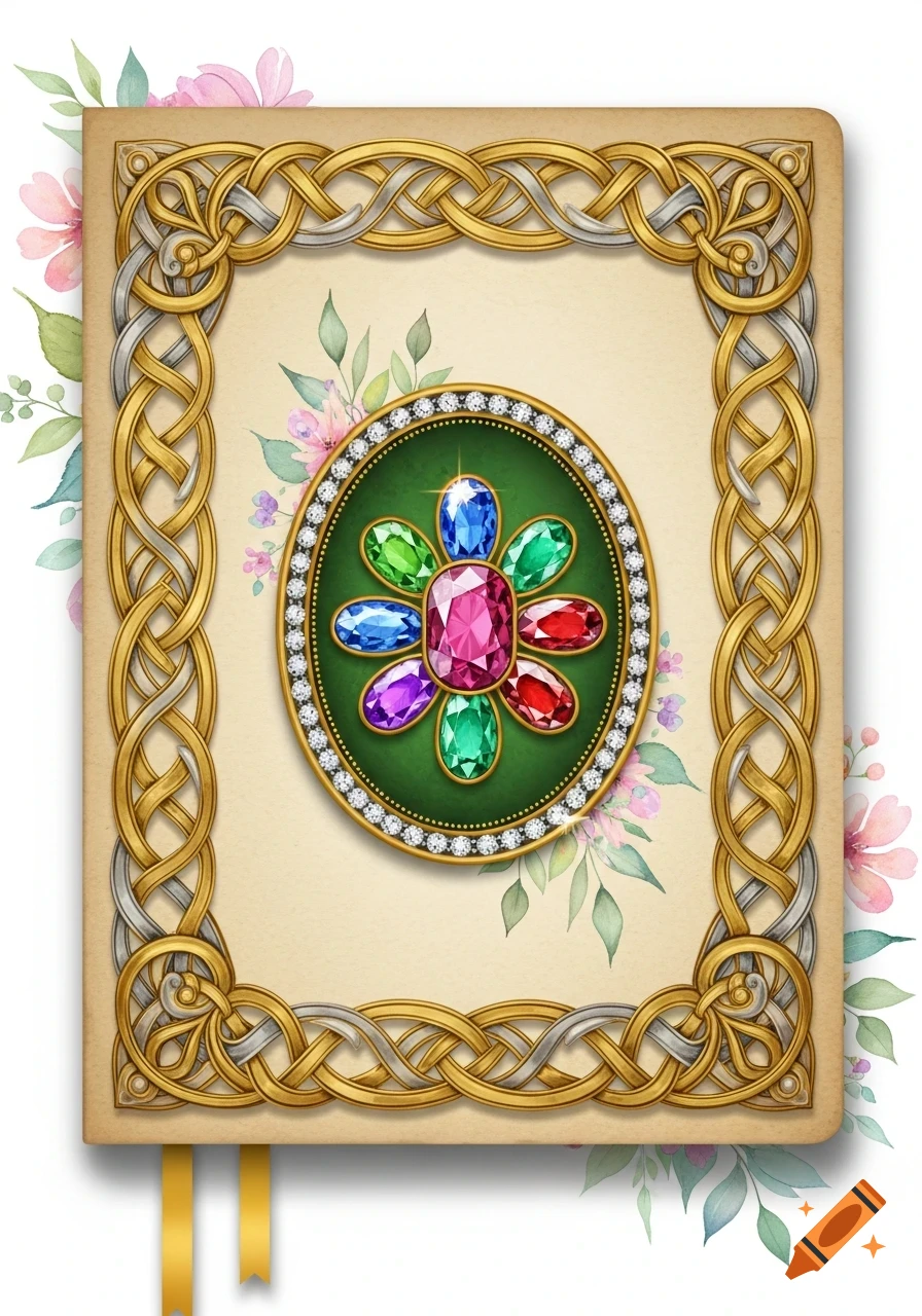 Decorative book cover with gold and silver Celtic knot border, framing a green oval featuring a flower of colorful gemstones and diamonds, with soft watercolor flowers in background.