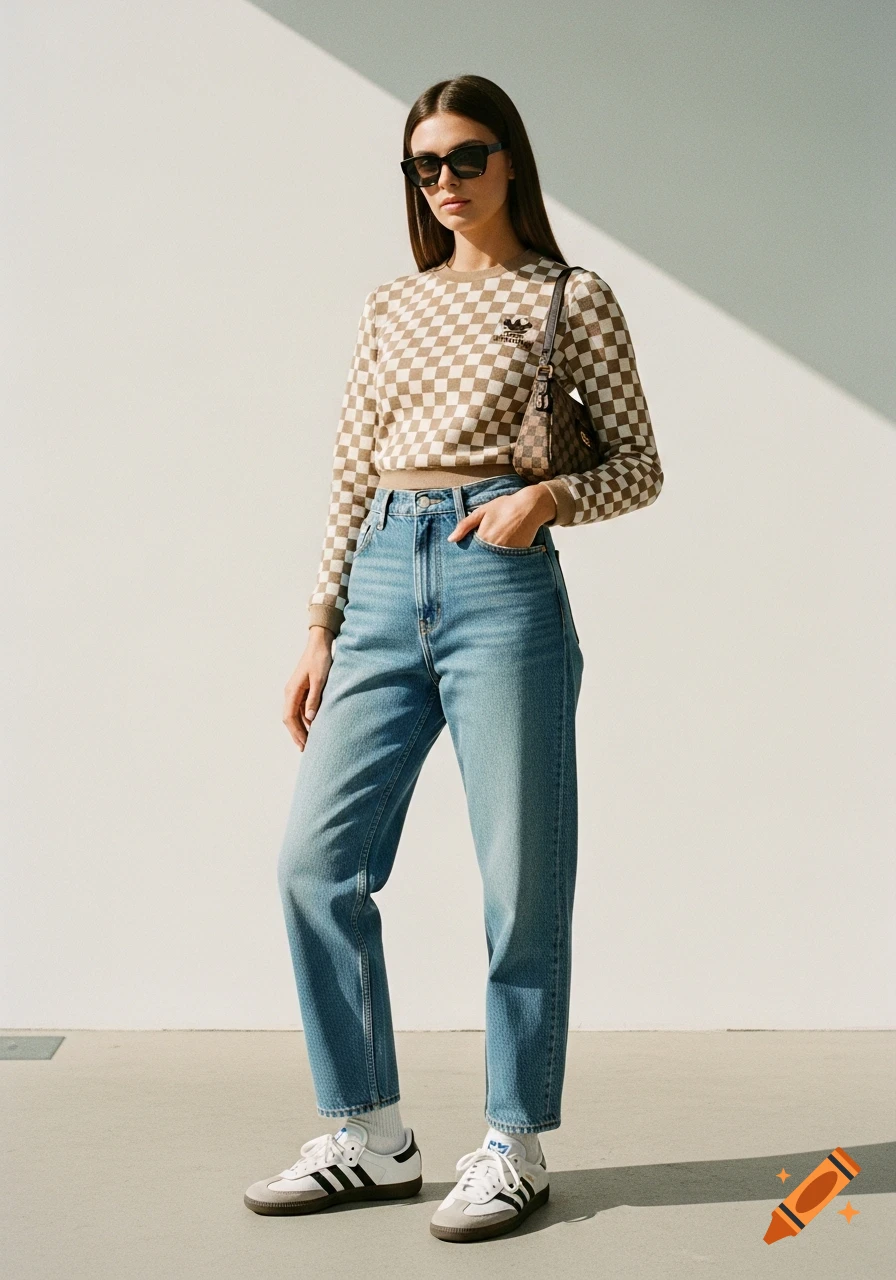 A stylish young woman in a tan-and-white checkered top, relaxed-fit jeans, and Adidas Samba sneakers, posing against a clean white wall.