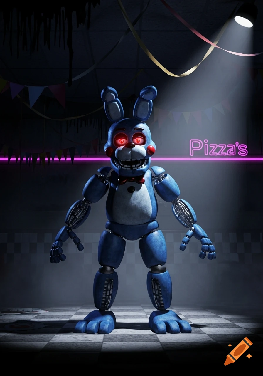 A blue animatronic rabbit, Bonnie from Five Nights at Freddy's, with glowing red eyes stands in a dark room with a 'Pizza's' neon sign.