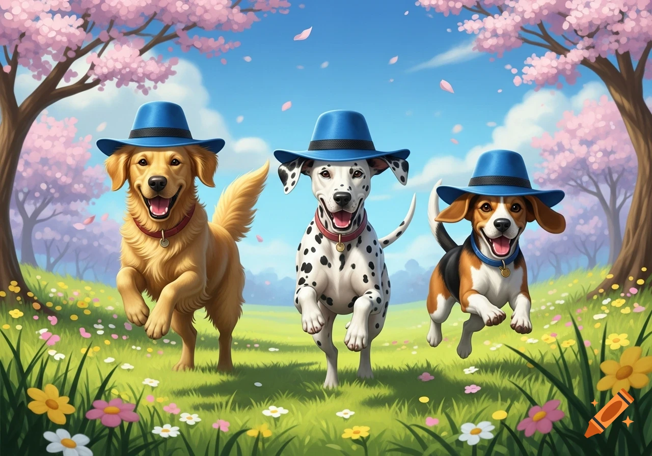 Three happy dogs, a Golden Retriever, Dalmatian, and Beagle, run through a spring field with cherry blossoms, all wearing blue hats.