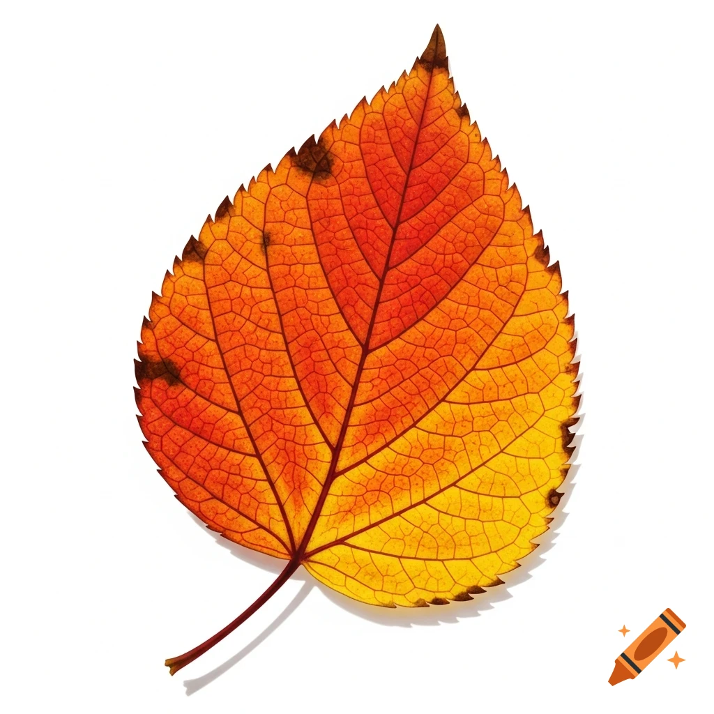 A vibrant orange and yellow autumn leaf with detailed veins and a serrated edge, cast against a stark white background.