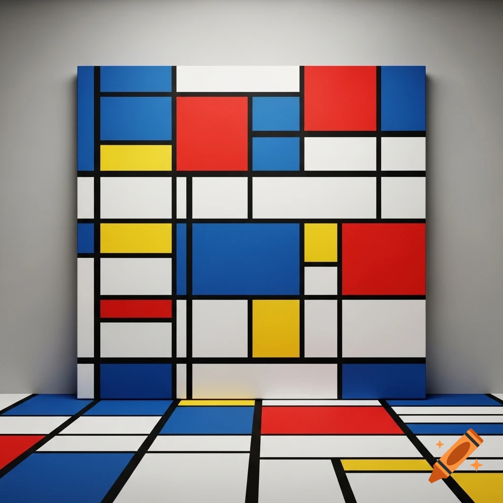 Geometric abstract art in the style of Piet Mondrian, featuring red, blue, yellow, and white rectangles with black lines on a wall and floor.