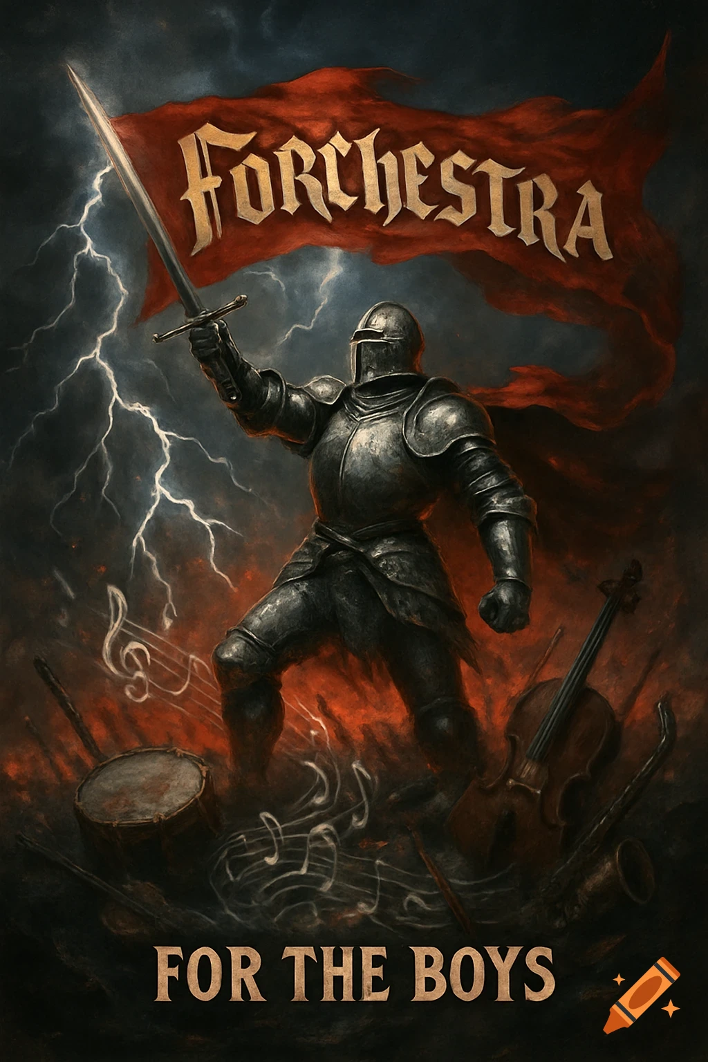 Dramatic fantasy album cover: A knight with a sword against a stormy, lightning sky, surrounded by musical instruments and fire. Text 'FORCHESTRA' and 'FOR THE BOYS'.