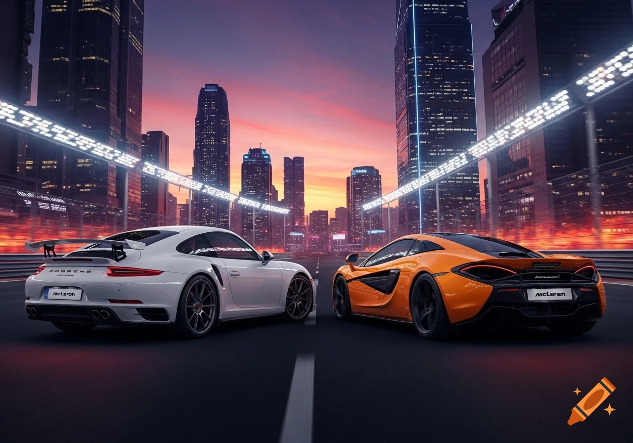 Two sports cars, a white Porsche and an orange McLaren, parked on a road against a vibrant city skyline at sunset.