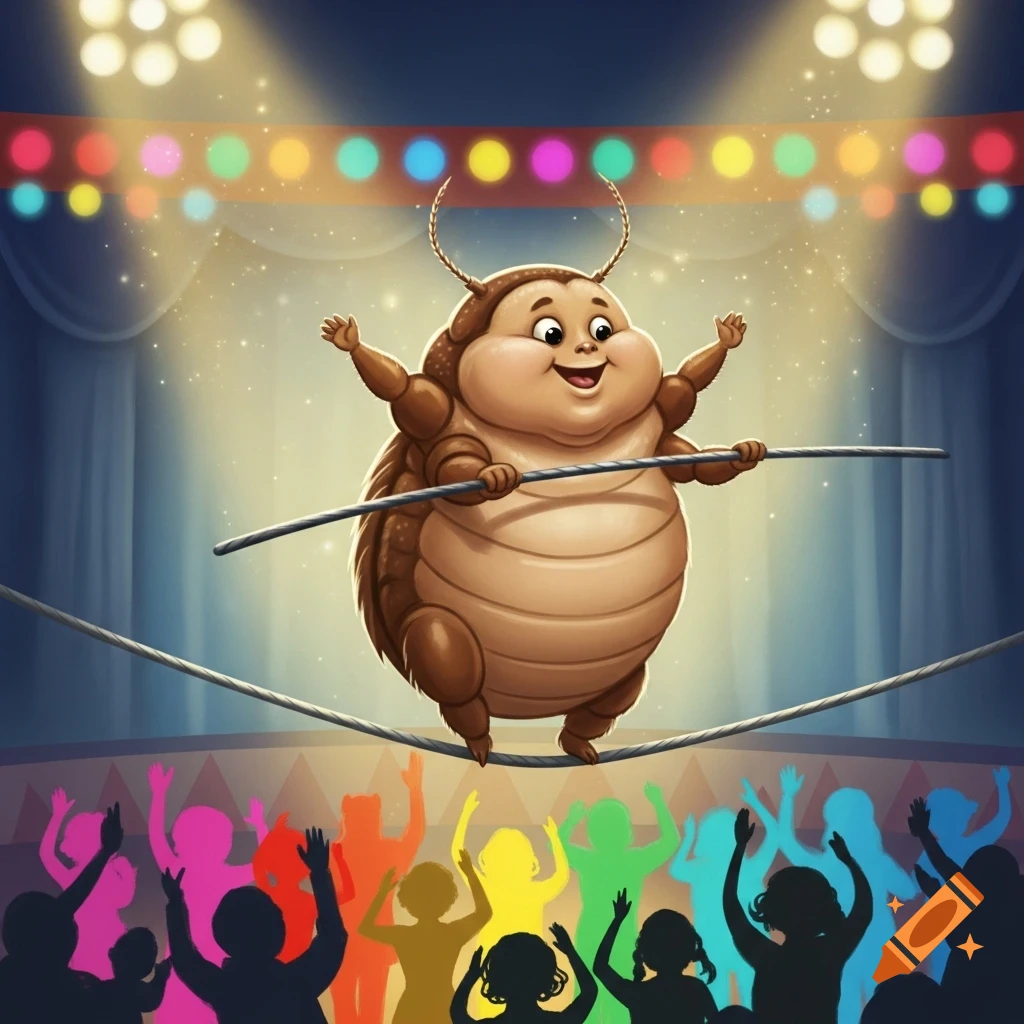 A cute, chubby cartoon louse tightrope walking under colorful circus lights, with a silhouetted cheering crowd below.
