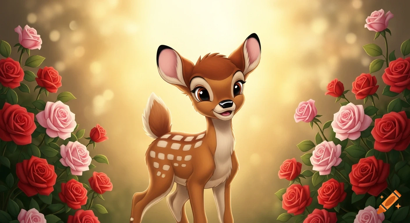 Smiling cartoon fawn with white spots, surrounded by vibrant red and pink roses on a glowing golden background.