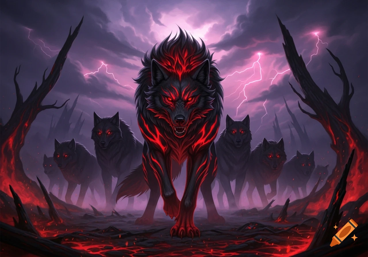 A pack of demonic wolves with glowing red eyes. A large black and red alpha wolf leads the pack in a stormy, lava-filled landscape with purple lightning.