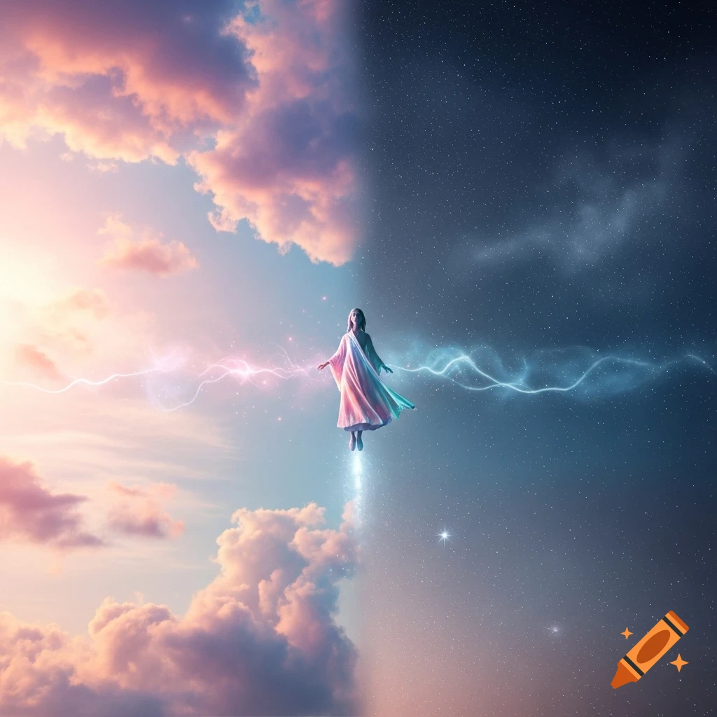 A person in a flowing dress floats between a cloudy daytime sky and a starry night sky, emitting energy.