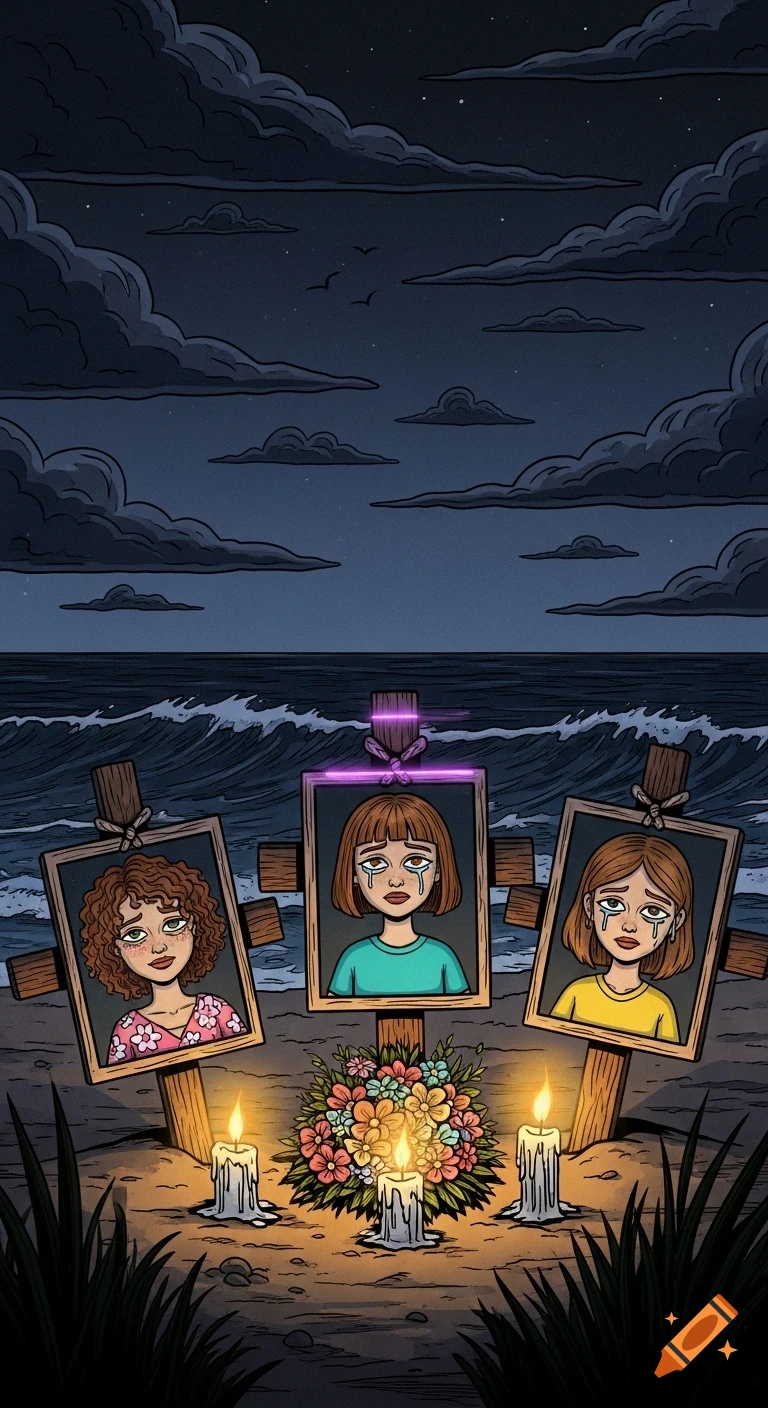 A dark cartoon memorial scene on a beach at night with three crosses, photos of crying girls, flowers, and candles.