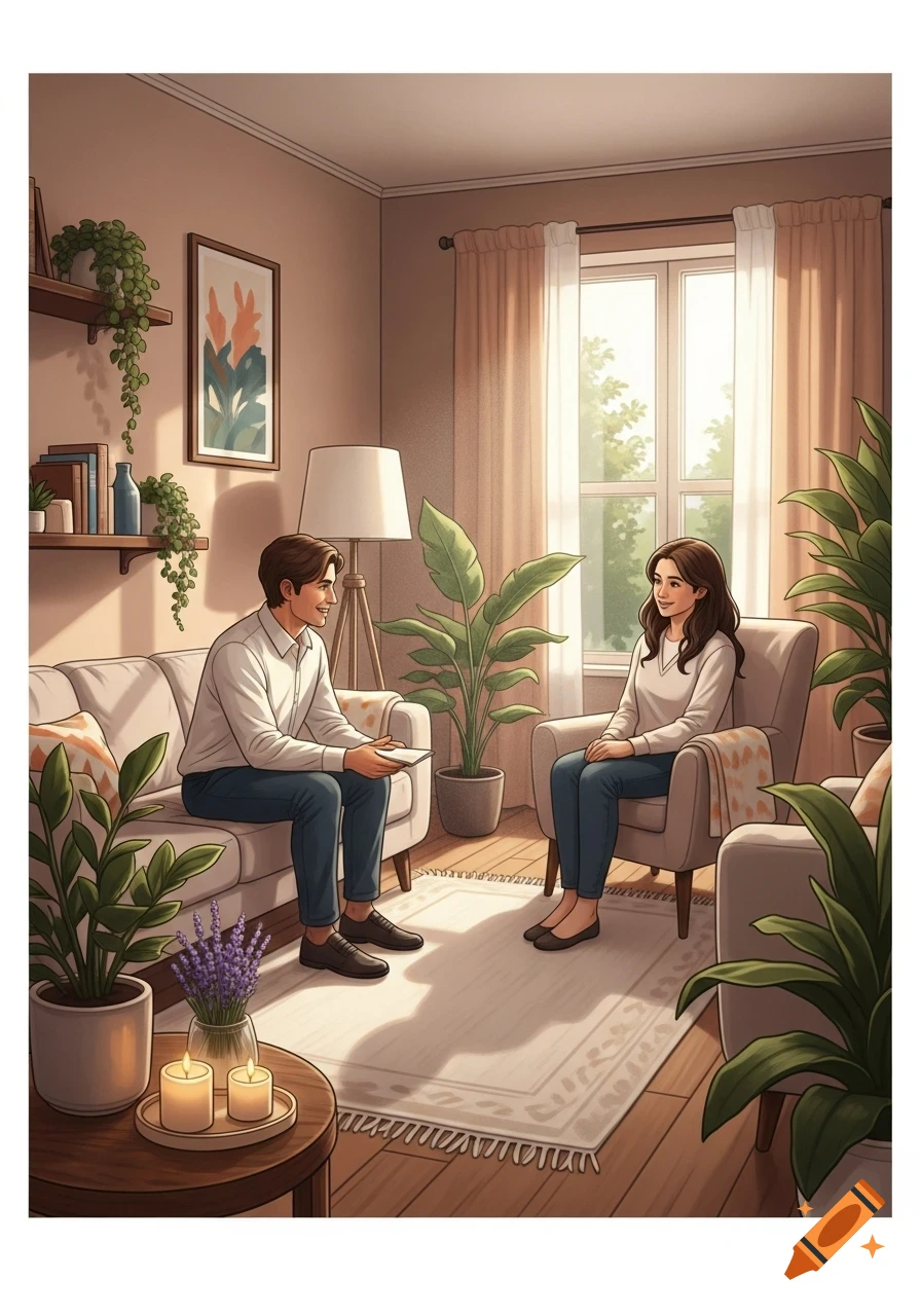 Illustration of a man and woman in a counseling session within a warm, plant-filled living room.