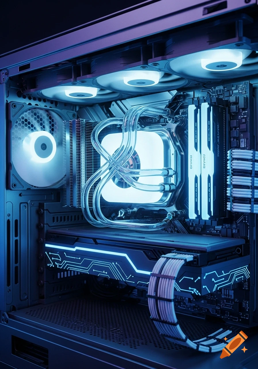 Futuristic computer CPU liquid cooling system glowing with blue light inside a high-tech PC case.