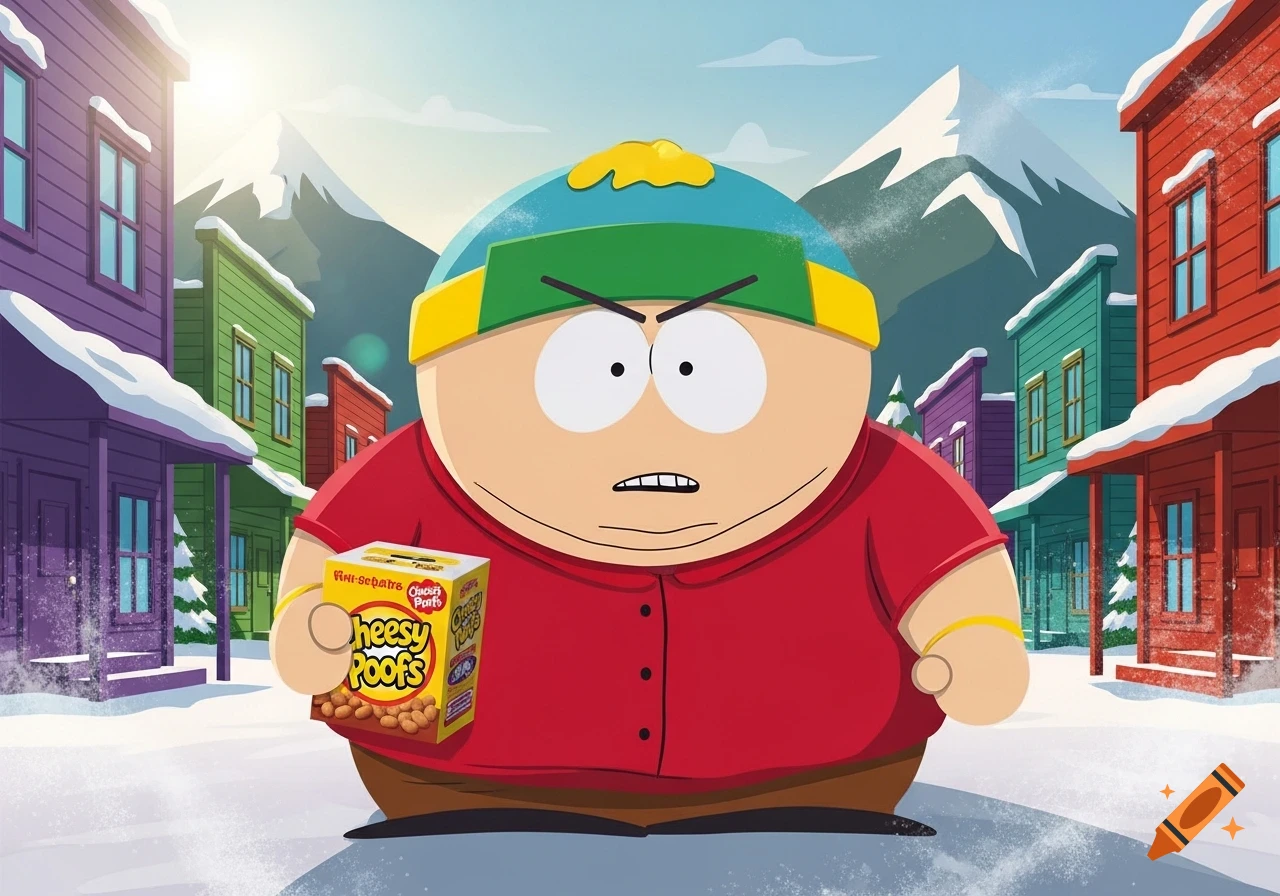 Eric Cartman, looking angry, holds a box of Cheesy Poofs in a snowy town street with colorful buildings and mountains.