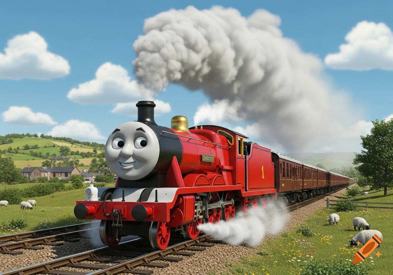 A smiling red cartoon train, similar to James from Thomas & Friends, pulls brown passenger cars through a green countryside with sheep.