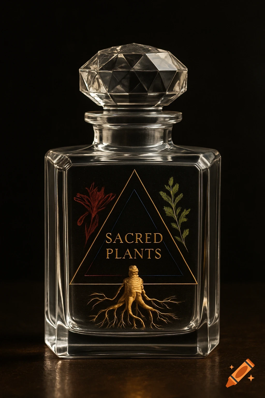 Photorealistic glass bottle with a faceted stopper, label reading 'SACRED PLANTS' with a ginseng root, red flower, and green leaves.