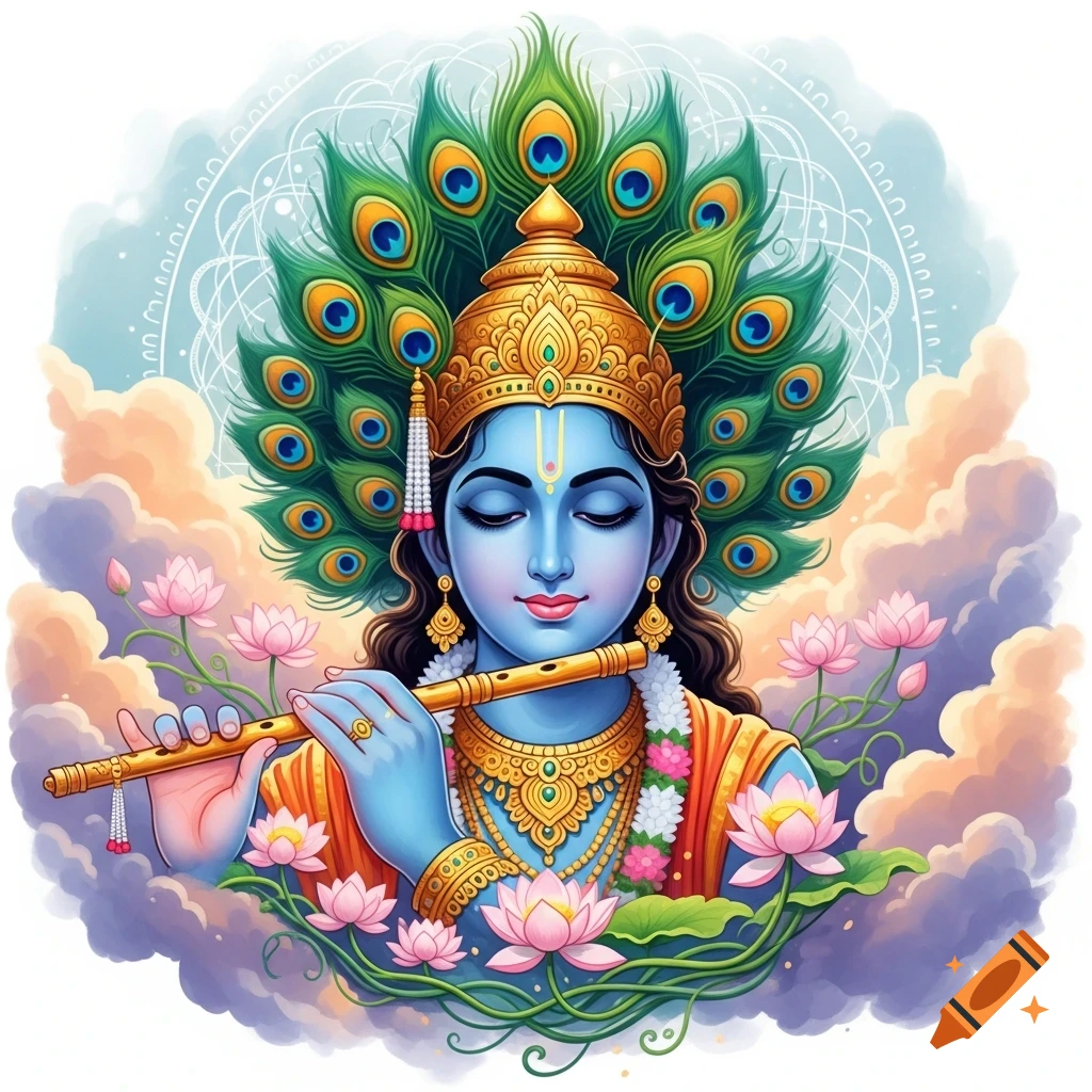 Blue-skinned Lord Krishna playing a golden flute, adorned with a golden crown and peacock feathers, amidst clouds and pink lotus flowers.