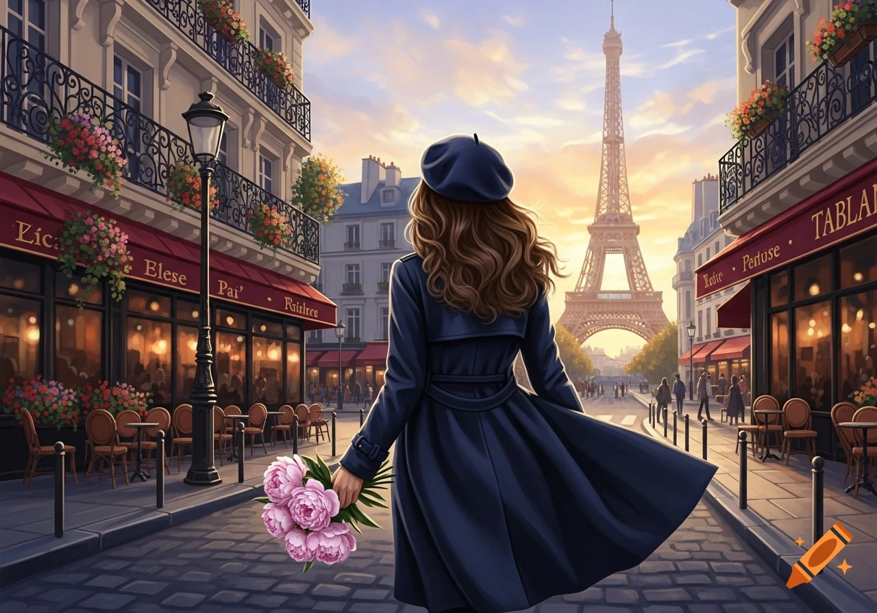 A woman in a dark coat and beret walks away from the viewer down a Parisian street with the Eiffel Tower in the distance at sunset, carrying a bouquet of pink peonies. Illustrated style.